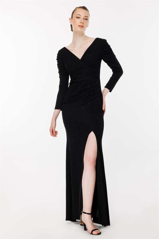 Simli Ve Yırtmaç Detaylı Uzun Abiye-SİYAH