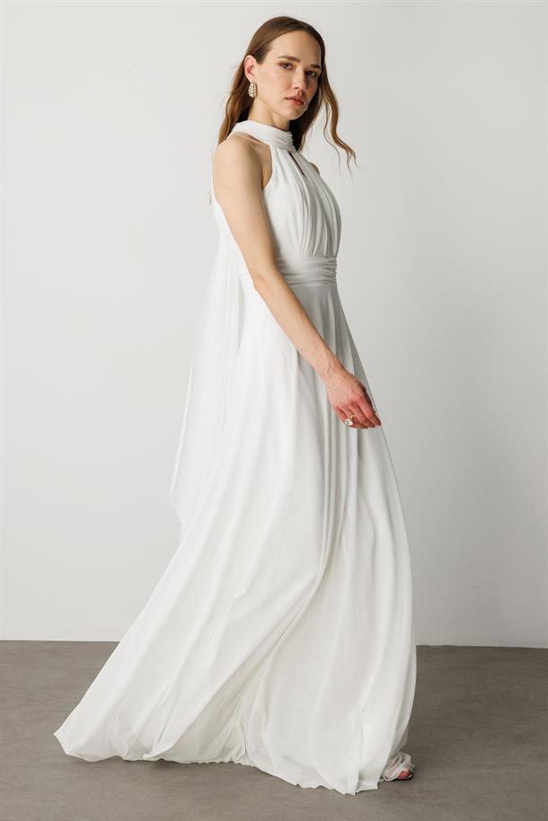 Sırt Dekolteli Kloş Etekli Tül Uzun Abiye Elbise-EKRU