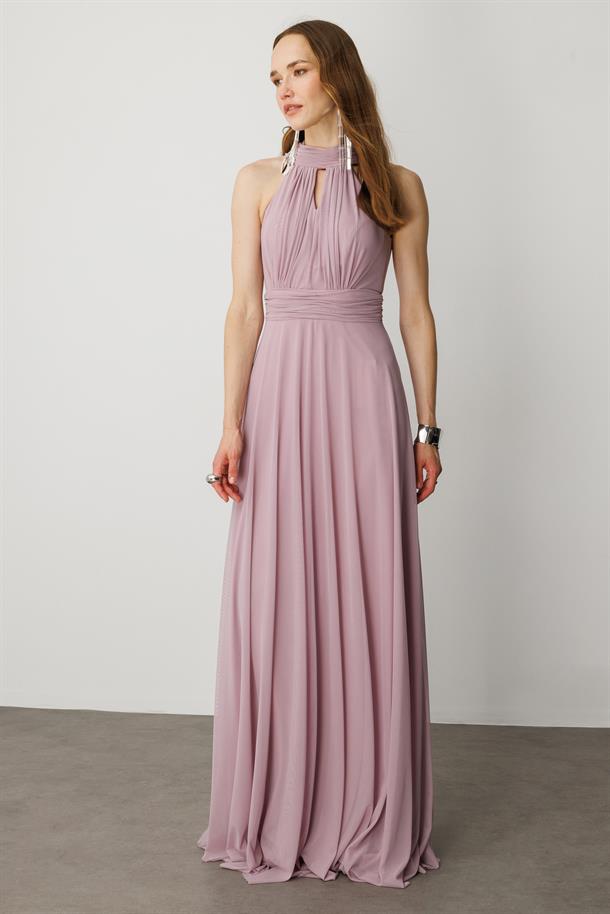 Sırt Dekolteli Kloş Etekli Tül Uzun Abiye Elbise-LAVANTA
