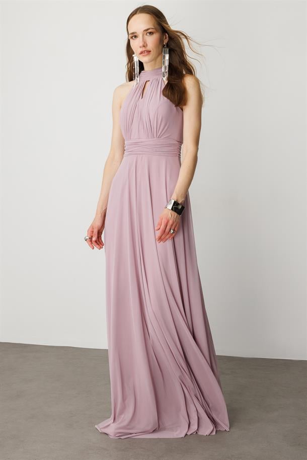 Sırt Dekolteli Kloş Etekli Tül Uzun Abiye Elbise-LAVANTA