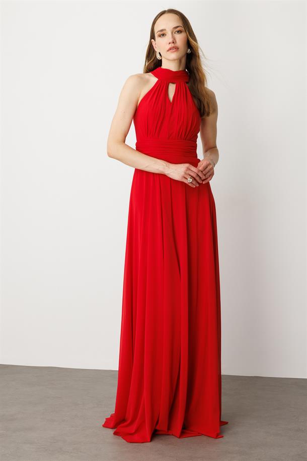 Sırt Dekolteli Kloş Etekli Tül Uzun Abiye Elbise-KIRMIZI