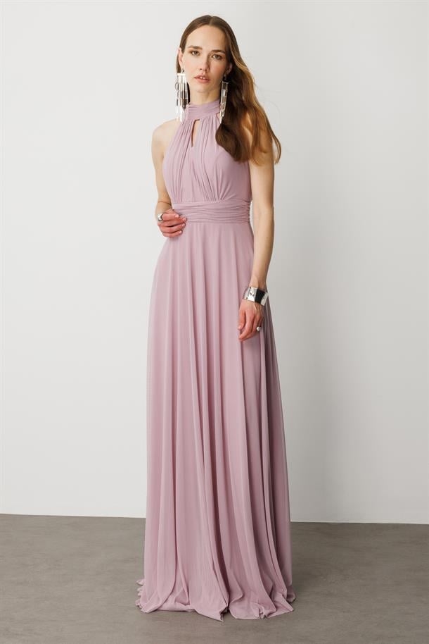 Sırt Dekolteli Kloş Etekli Tül Uzun Abiye Elbise-LAVANTA