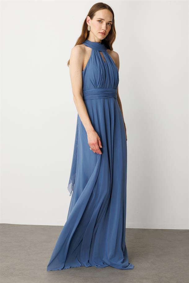 Sırt Dekolteli Kloş Etekli Tül Uzun Abiye Elbise-İNDİGO