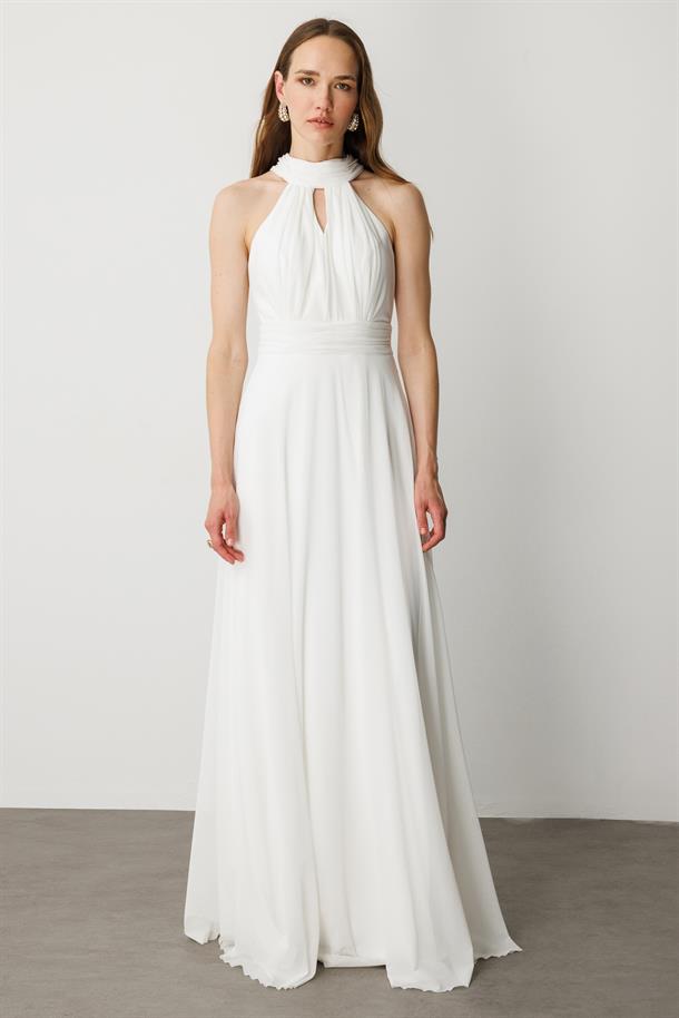 Sırt Dekolteli Kloş Etekli Tül Uzun Abiye Elbise-EKRU
