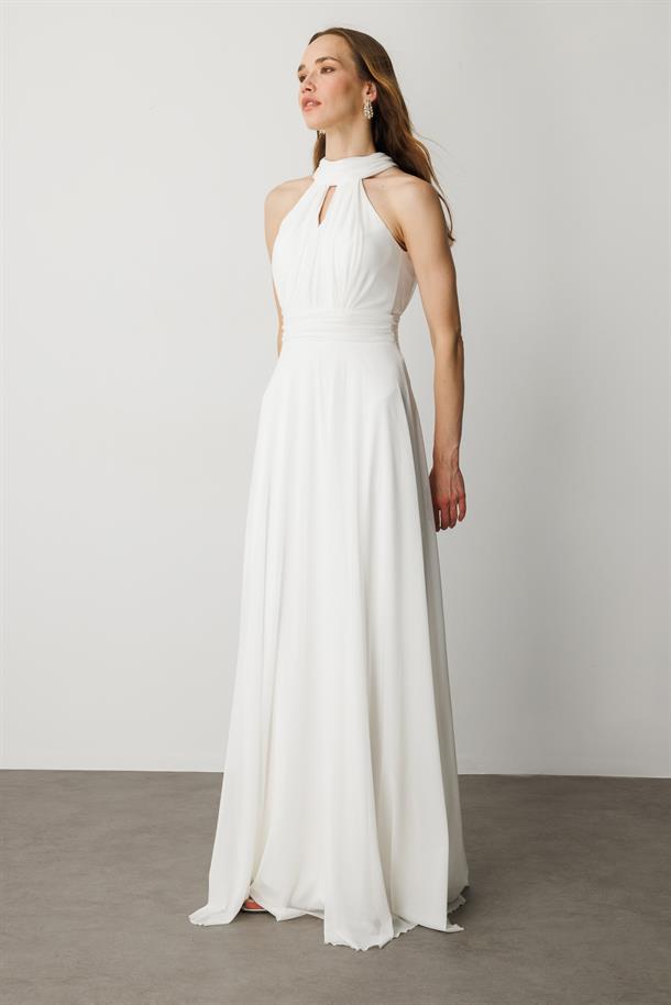 Sırt Dekolteli Kloş Etekli Tül Uzun Abiye Elbise-EKRU
