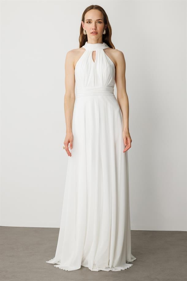 Sırt Dekolteli Kloş Etekli Tül Uzun Abiye Elbise-EKRU