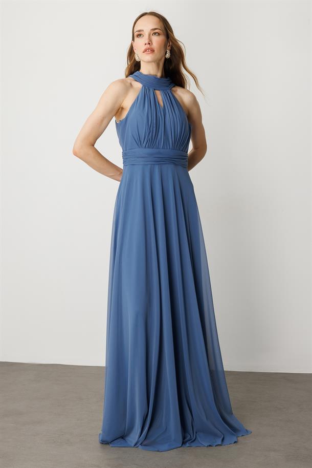 Sırt Dekolteli Kloş Etekli Tül Uzun Abiye Elbise-İNDİGO