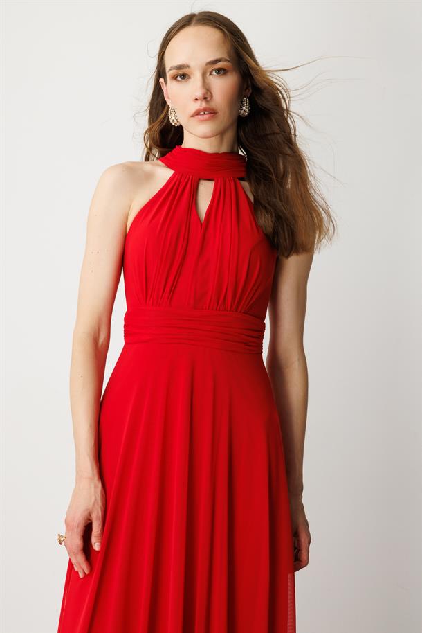 Sırt Dekolteli Kloş Etekli Tül Uzun Abiye Elbise-KIRMIZI