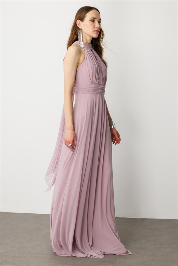 Sırt Dekolteli Kloş Etekli Tül Uzun Abiye Elbise-LAVANTA