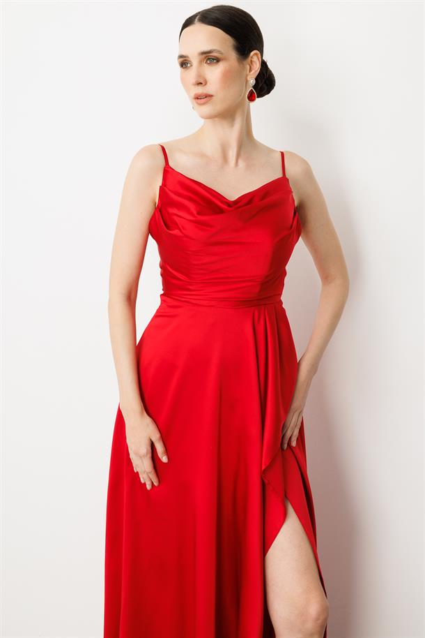 Sırt Detay Abiye Elbise-KIRMIZI