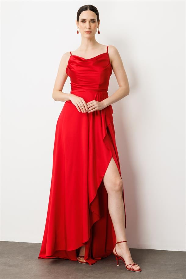 Sırt Detay Abiye Elbise-KIRMIZI