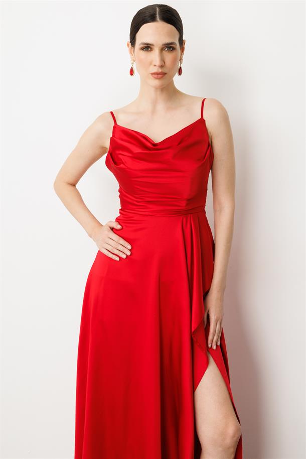 Sırt Detay Abiye Elbise-KIRMIZI