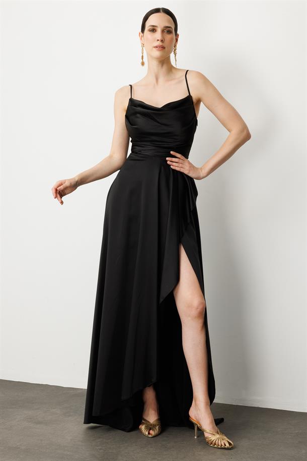 Sırt Detay Abiye Elbise-SİYAH