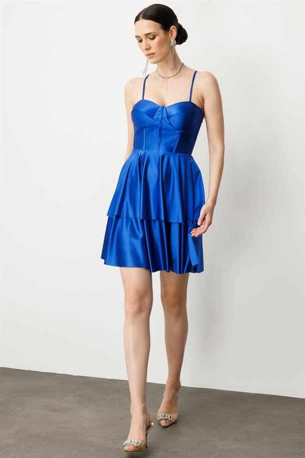 Sırt Detay Kısa Abiye Elbise-SAX