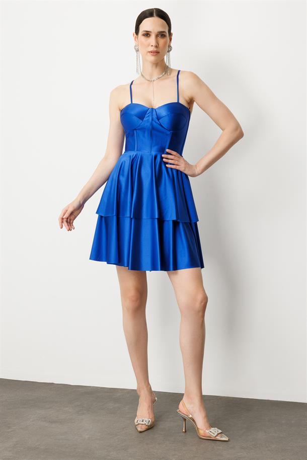 Sırt Detay Kısa Abiye Elbise-SAX