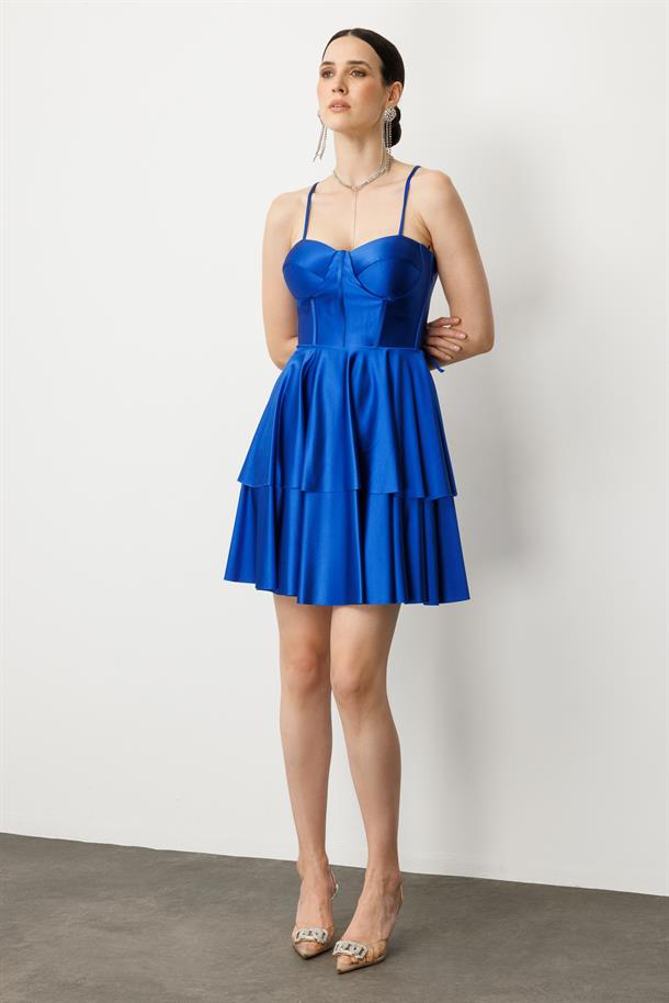 Sırt Detay Kısa Abiye Elbise-SAX