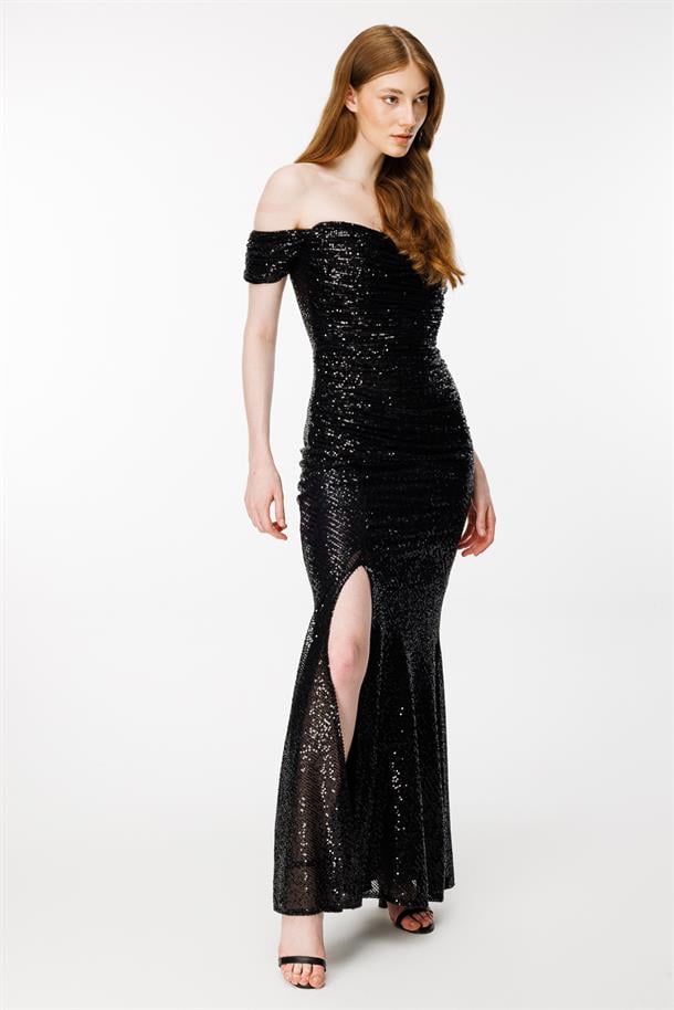 Siyah Kayık Yaka Payetli Uzun Abiye-SİYAH