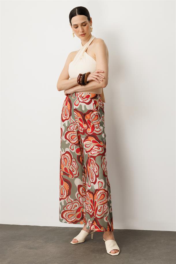 Soyut Baskı Bol Paça Pantolon-ÇAĞLA