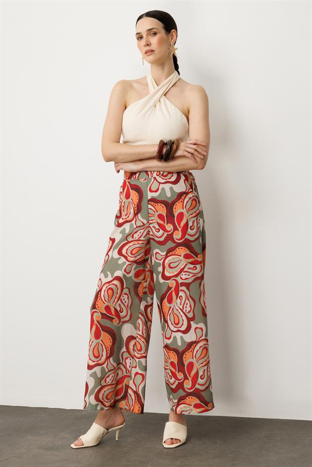 Soyut Baskı Bol Paça Pantolon-ÇAĞLA