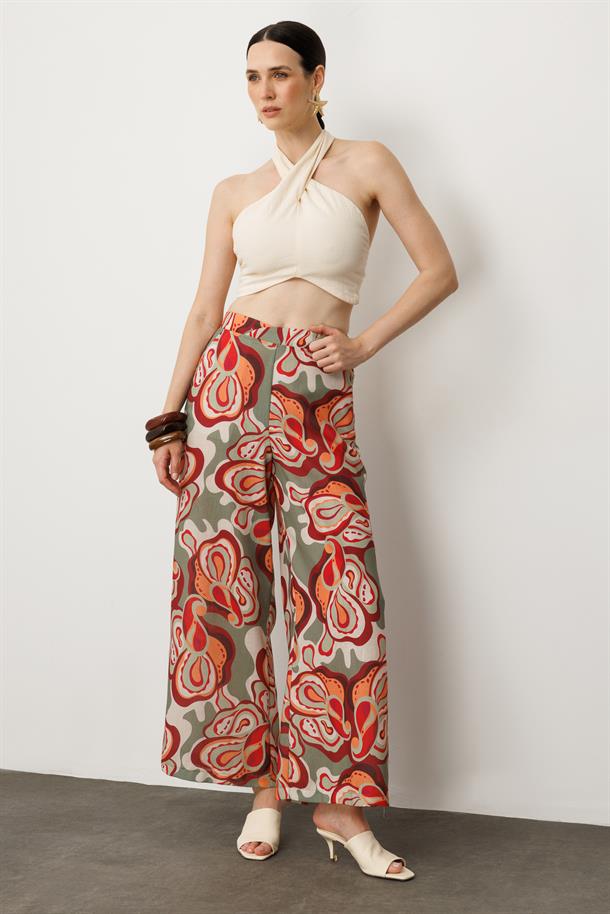 Soyut Baskı Bol Paça Pantolon-ÇAĞLA