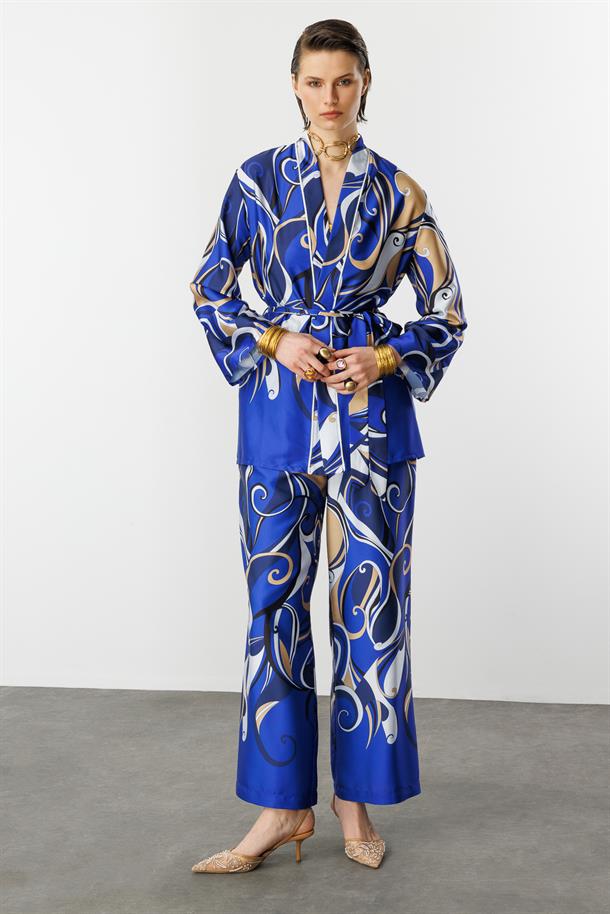 Soyut Desen Saten Gömlek-SAX