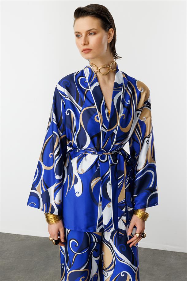 Soyut Desen Saten Gömlek-SAX