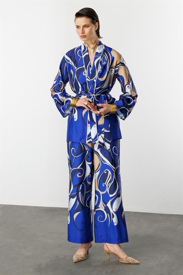 Soyut Desen Saten Gömlek-SAX