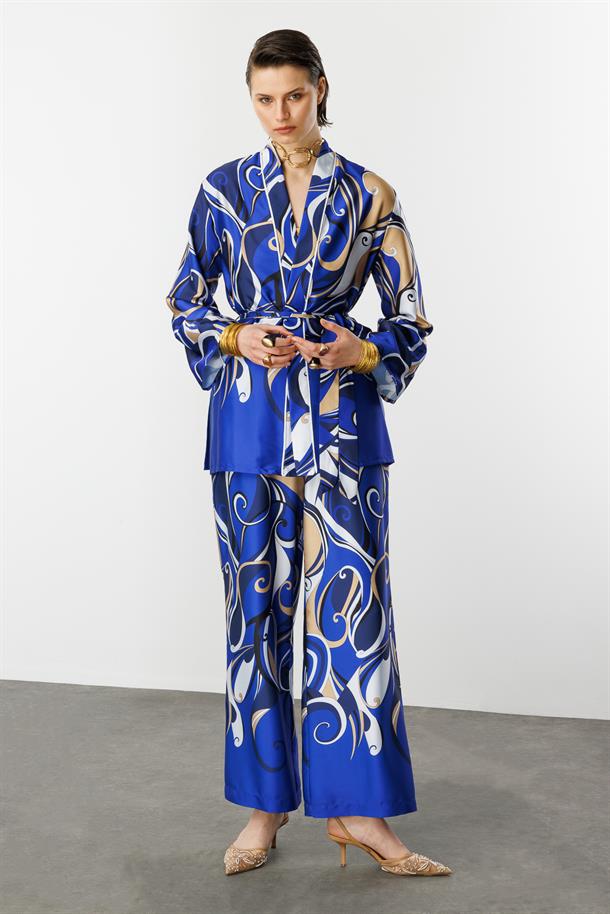 Soyut Desen Saten Gömlek-SAX