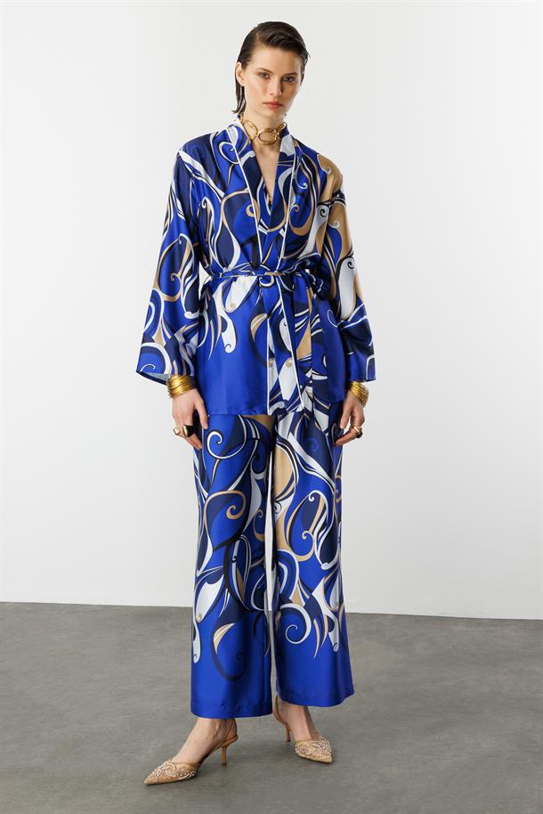 Soyut Desen Saten Gömlek-SAX