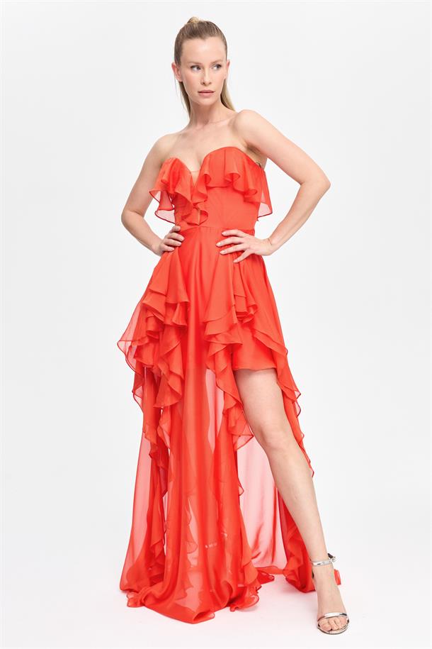 Straplez Yaka Volan Detaylı Uzun Abiye-ORANJE