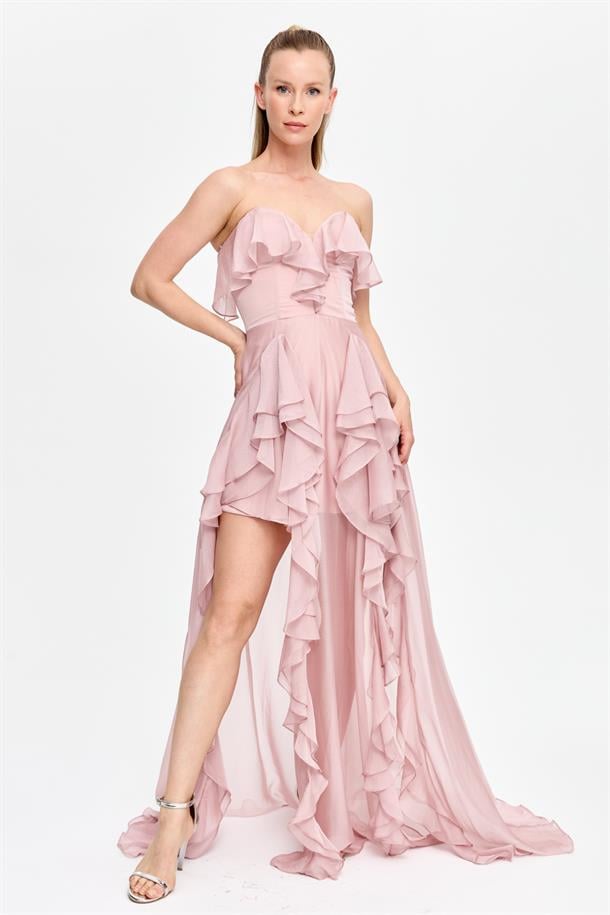 Straplez Yaka Volan Detaylı Uzun Abiye-PUDRA