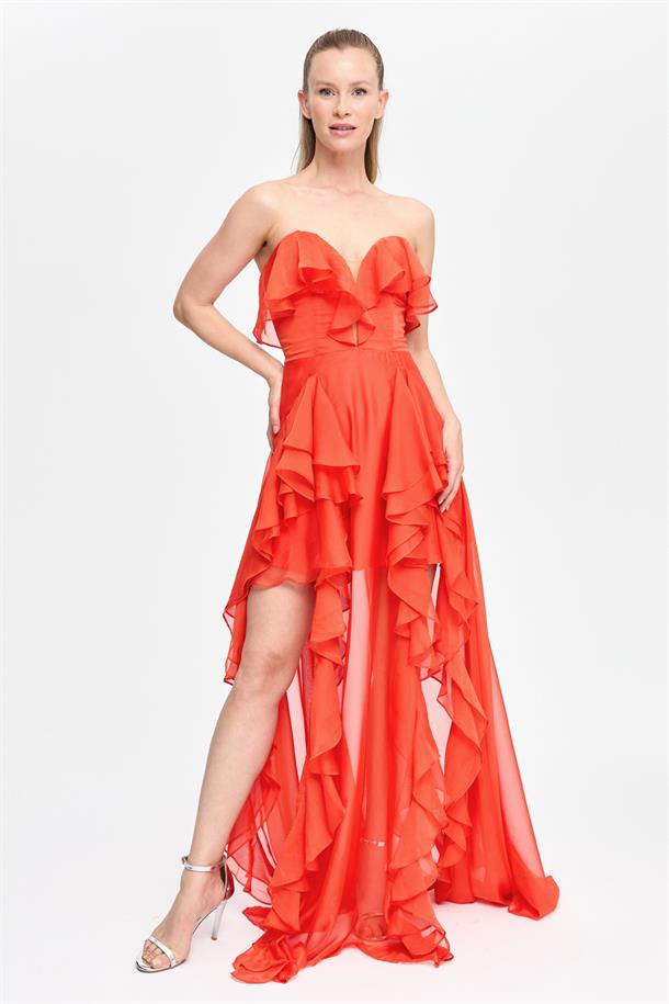 Straplez Yaka Volan Detaylı Uzun Abiye-ORANJE