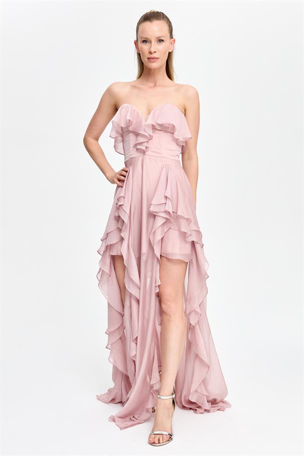 Straplez Yaka Volan Detaylı Uzun Abiye-PUDRA