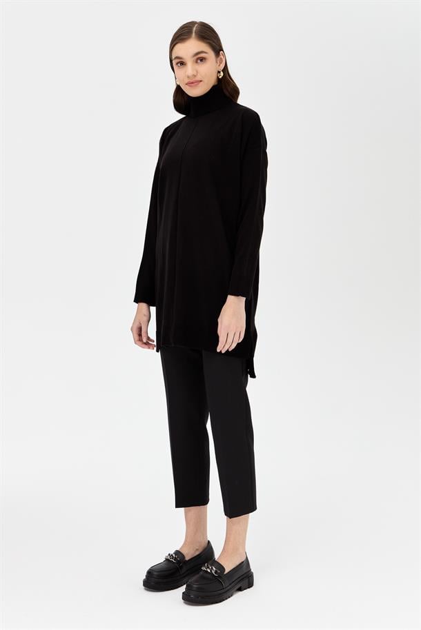 Tam Balıkçı Düşük Kol Triko Tunik-SİYAH