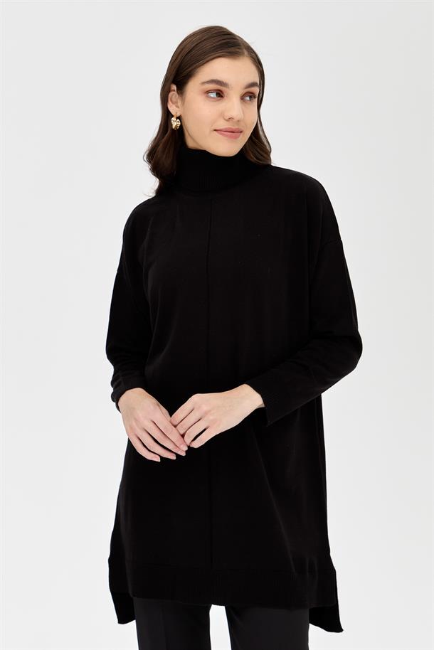 Tam Balıkçı Düşük Kol Triko Tunik-SİYAH