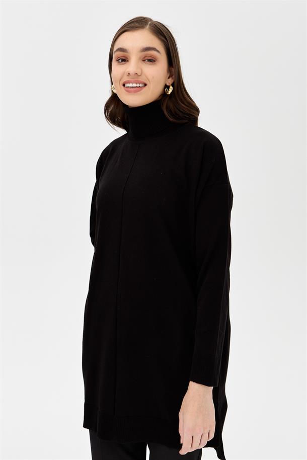 Tam Balıkçı Düşük Kol Triko Tunik-SİYAH