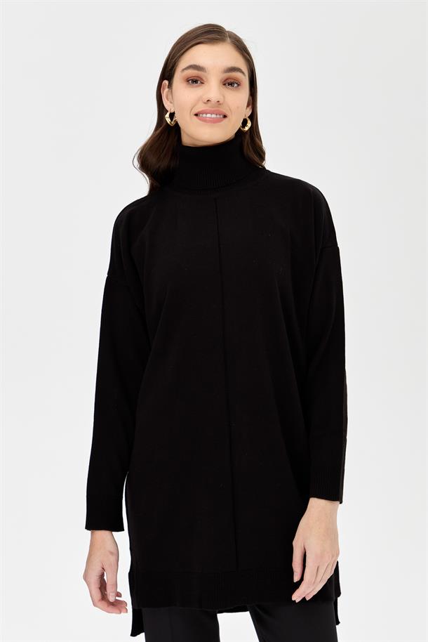 Tam Balıkçı Düşük Kol Triko Tunik-SİYAH