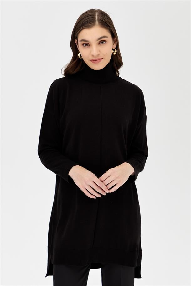 Tam Balıkçı Düşük Kol Triko Tunik-SİYAH
