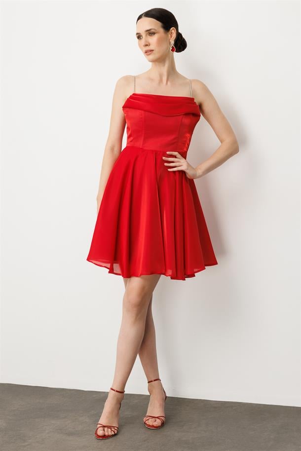 Taş Askı Kısa Abiye Elbise-KIRMIZI