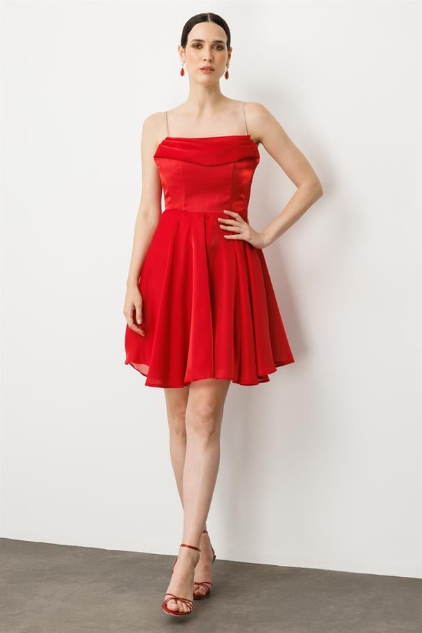 Taş Askı Kısa Abiye Elbise-KIRMIZI