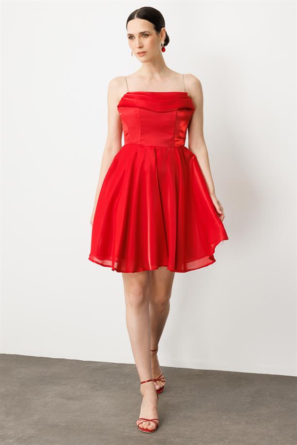 Taş Askı Kısa Abiye Elbise-KIRMIZI