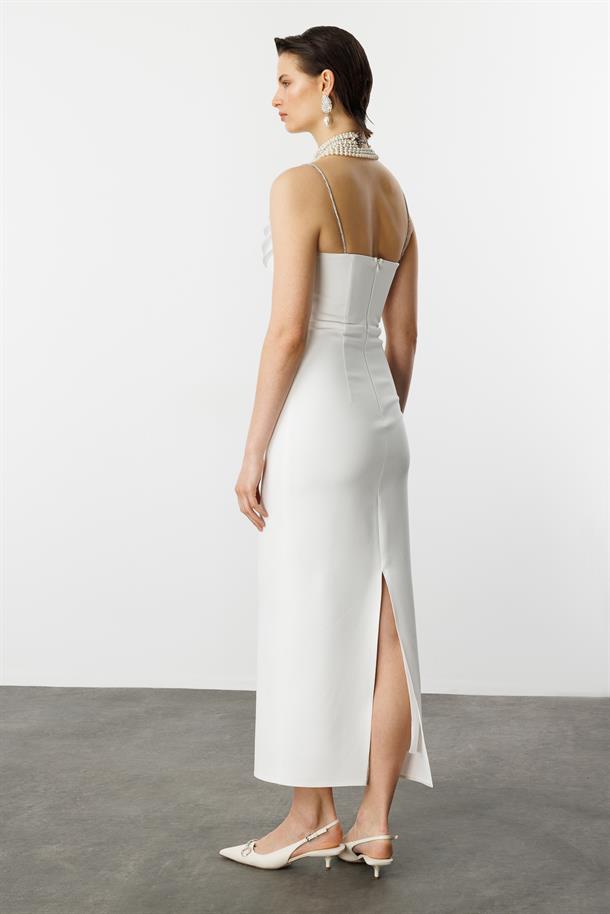 Taş Askı Yırtmaç Detay Abiye Elbise-BEYAZ