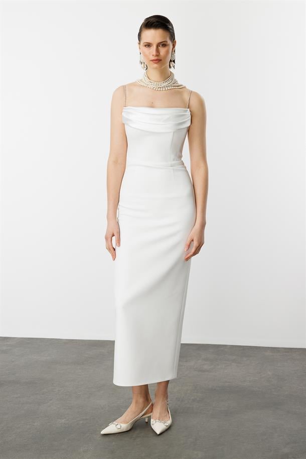 Taş Askı Yırtmaç Detay Abiye Elbise-BEYAZ