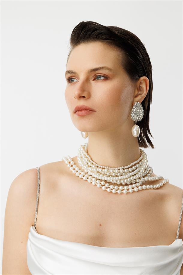 Taş Askı Yırtmaç Detay Abiye Elbise-BEYAZ