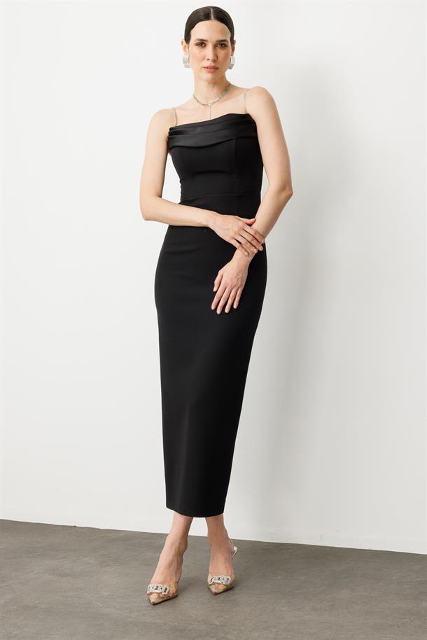 Taş Askı Yırtmaç Detay Abiye Elbise-SİYAH