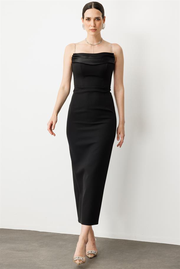 Taş Askı Yırtmaç Detay Abiye Elbise-SİYAH