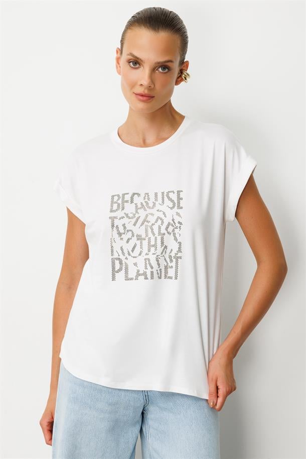 Taş Baskı Detaylı Tişört-KEMIK