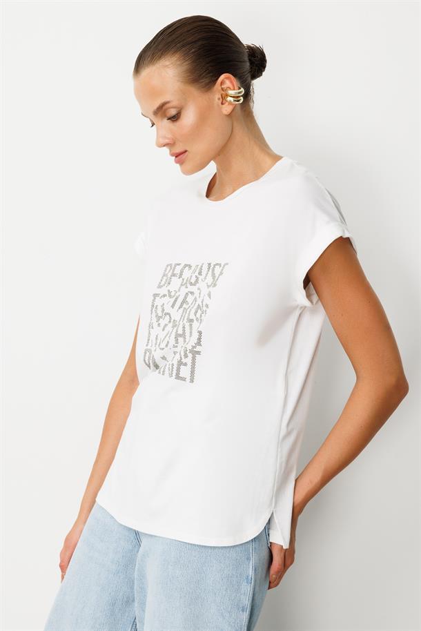 Taş Baskı Detaylı Tişört-KEMIK