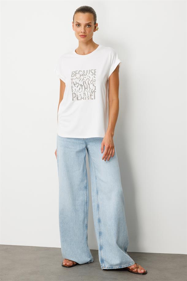 Taş Baskı Detaylı Tişört-KEMIK