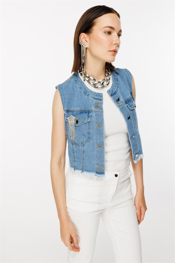 Taş Broş Detaylı Kısa Kot Yelek-A.MAVI